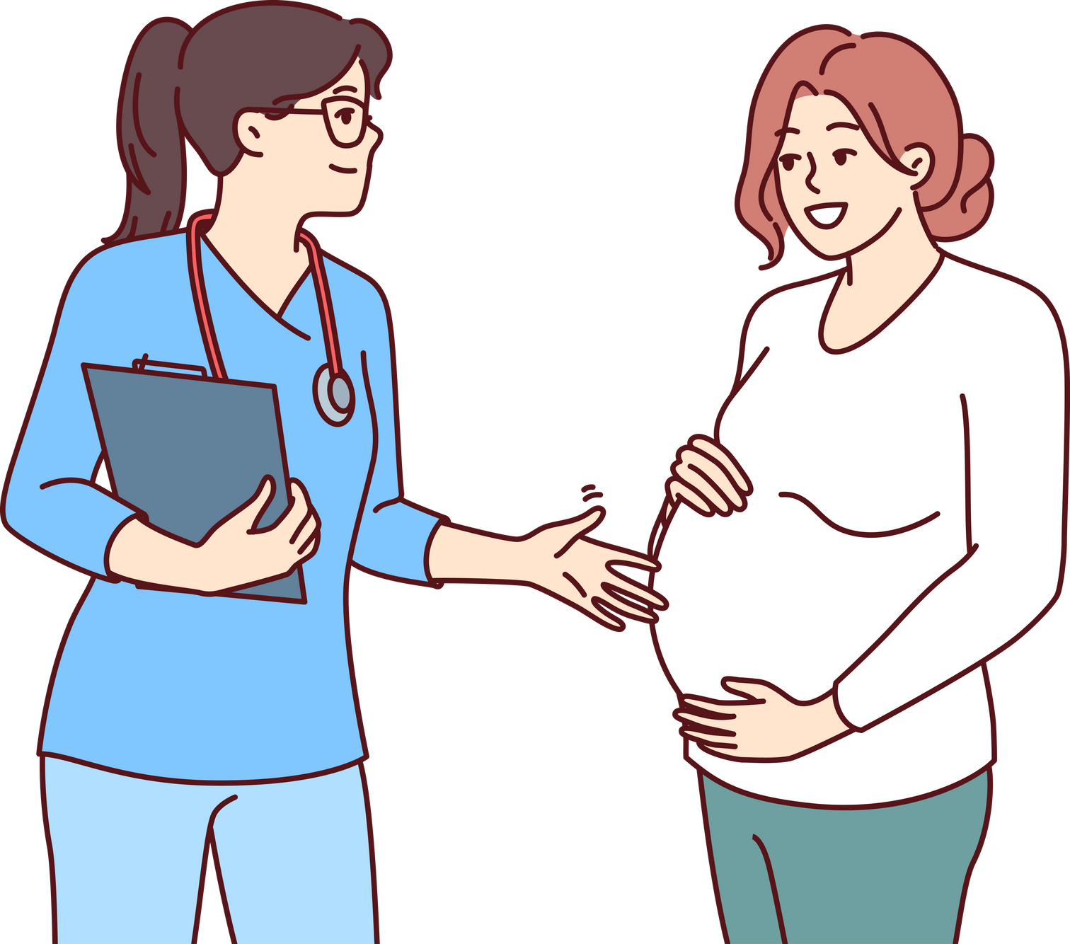 Pregnant woman turns to gynecologist for consultation and check health of unborn child. Pregnant girl preparing to become mother talks with gynecologist from clinic or maternity hospital